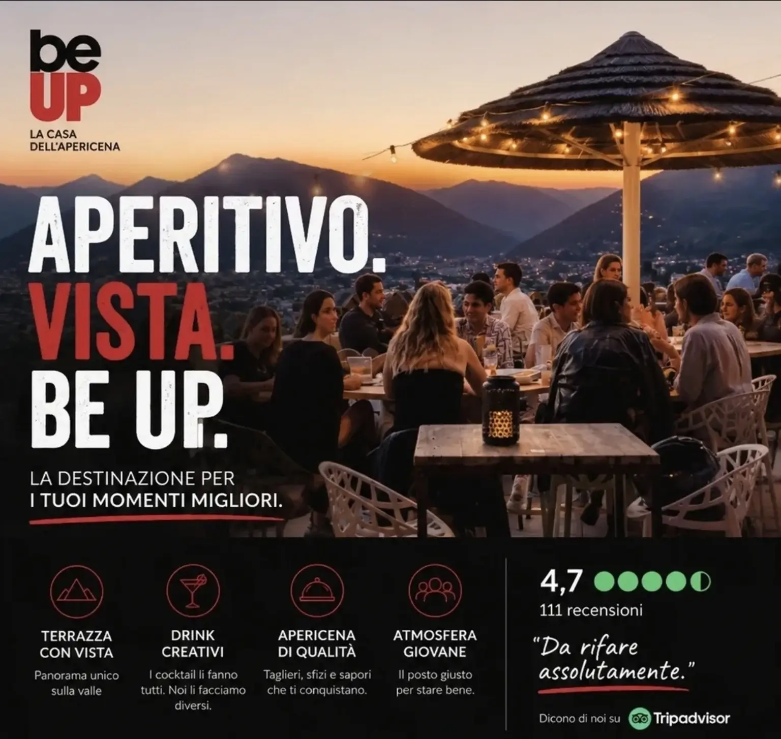Aperitivo con vista dalla terrazza di Be Up ad Albino, Bergamo